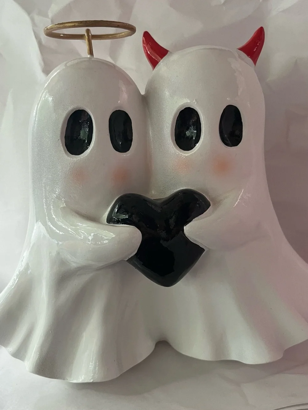 White Ghost Couple Figurine with Black Heart and Red Horn Accent